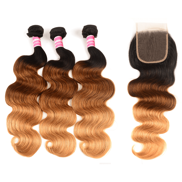 Kriyya Indian Human Hair Three Tone Ombre Body Wave 3 Bundles With Lace Closure 4x4 Inch