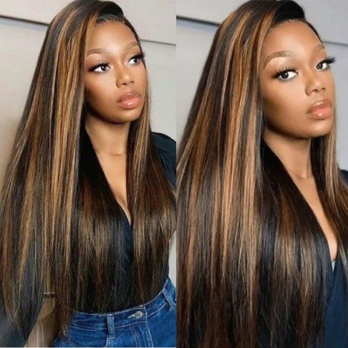 Kriyya Caramel Balayage Highlights Color Straight 4X4 Lace Closure With 4 Bundles Virgin Hair