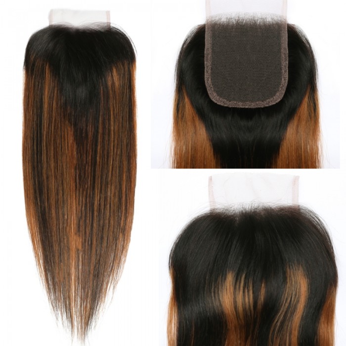 Kriyya Caramel Balayage Highlights Color Straight 4X4 Lace Closure With 3 Bundles Virgin Hair