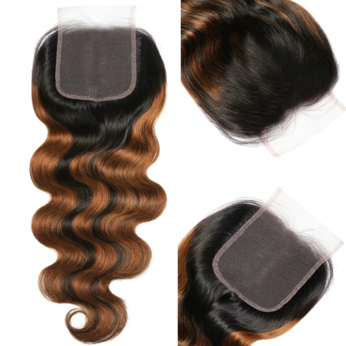 Kriyya Caramel Balayage Highlights Color Body Wave 4X4 Lace Closure With 3 Bundles Virgin Hair