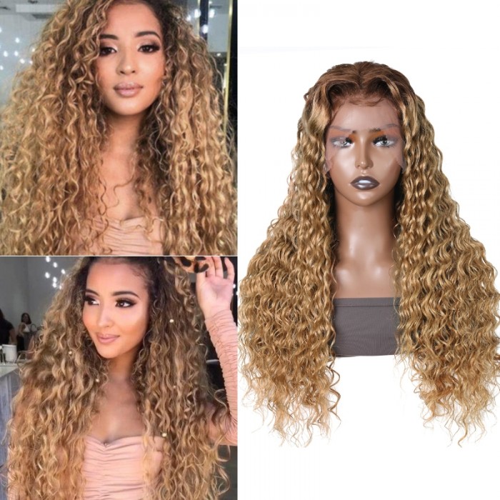 Kriyya Ombre Honey Blonde Deep Wave Human Hair Wig With Brown Root Pre Plucked Deep Wave 13x4 Lace Front Wig
