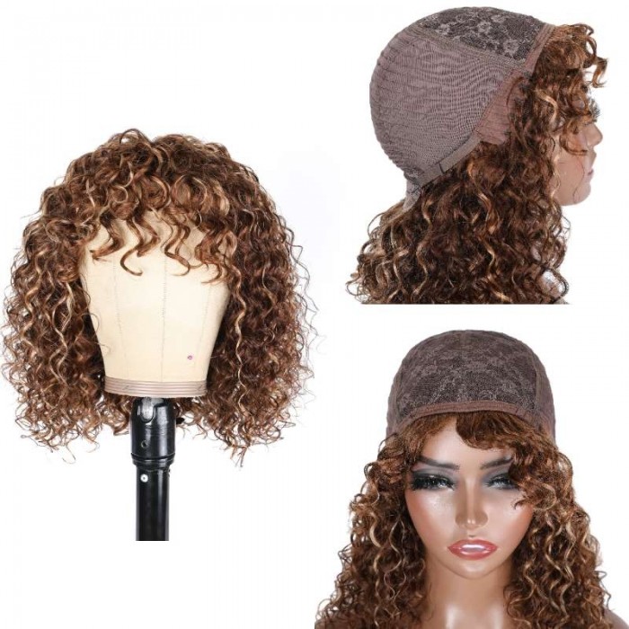 Kriyya Highlight Brown Deep Curly Wig Machine Made Human Hair Colored Wigs With Bangs