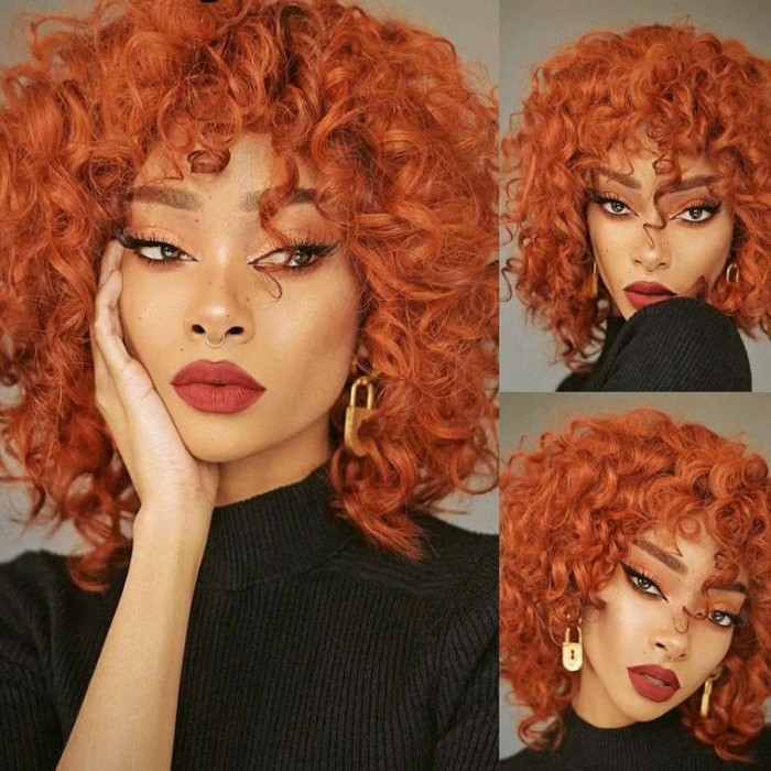 Kriyya Orange Ginger Colored Bouncy Curly Wig Machine Made Human Hair Wig  150% Density 