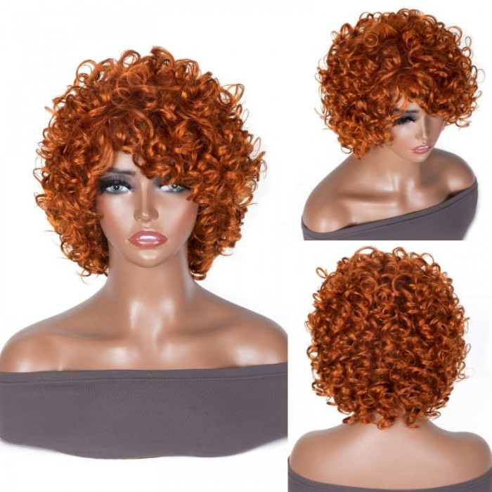 Kriyya Orange Ginger Colored Bouncy Curly Wig Machine Made Human Hair Wig 150% Density