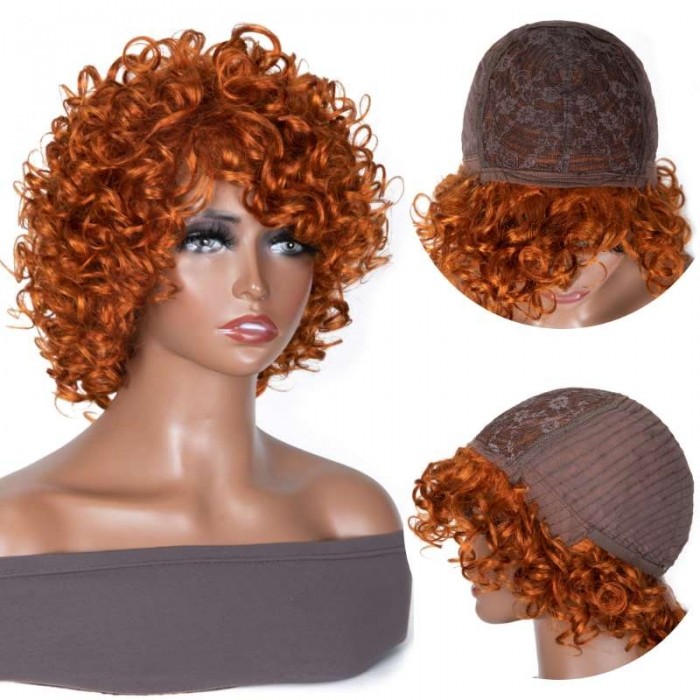 Kriyya Orange Ginger Colored Bouncy Curly Wig Machine Made Human Hair Wig 150% Density