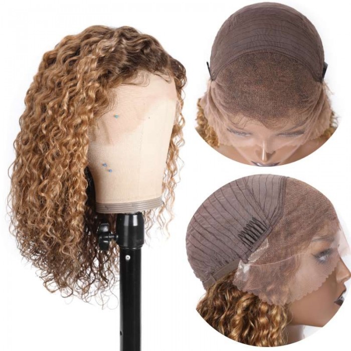 Kriyya Honey Blonde Highlight Ombre Water Wave Human Hair Wig Short 13x4 Lace Front Wig 150% Density