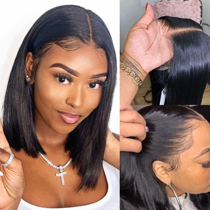Kriyya Blunt Cut Bob Straight Human Hair Wig 13x5 T-Part Lace Middle Wigs  Natural Black Remy Hair Pre-Plucked 