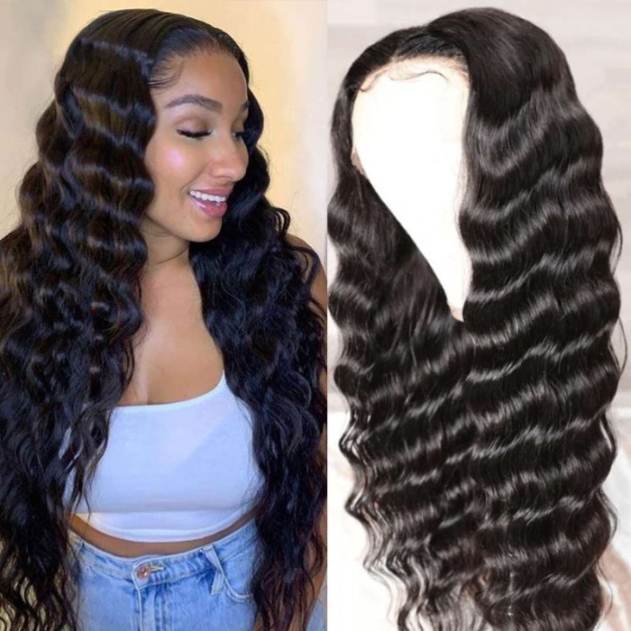 Kriyya Loose Deep Wave T Part 13X5 Lace Front Wigs Hand Tied Middle Part Preplucked Human Hair Wigs With Baby Hair
