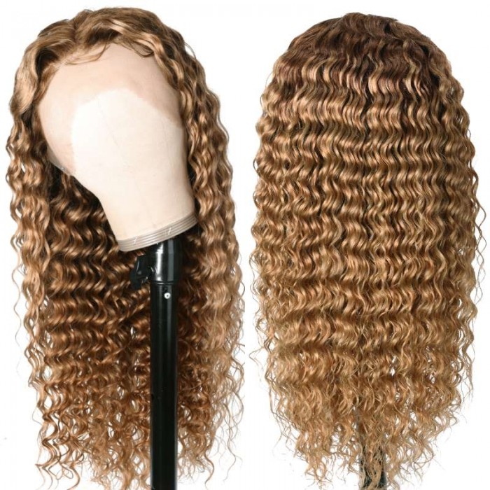 Kriyya Ombre Honey Blonde Deep Wave Human Hair Wig With Brown Root Pre Plucked Deep Wave 13x4 Lace Front Wig