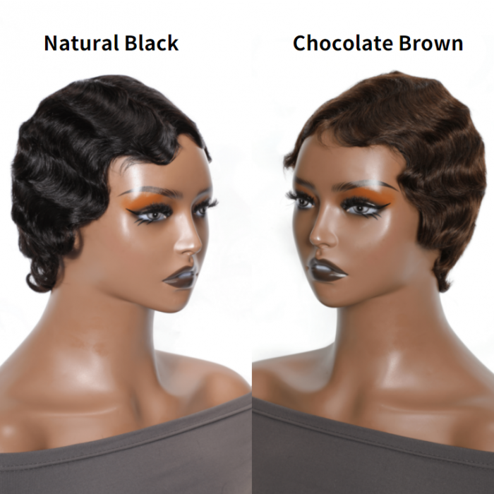 Flash Sale Finger Waves Short Pixie Cut Wig Ocean Wave Human Hair Machine Made Wigs