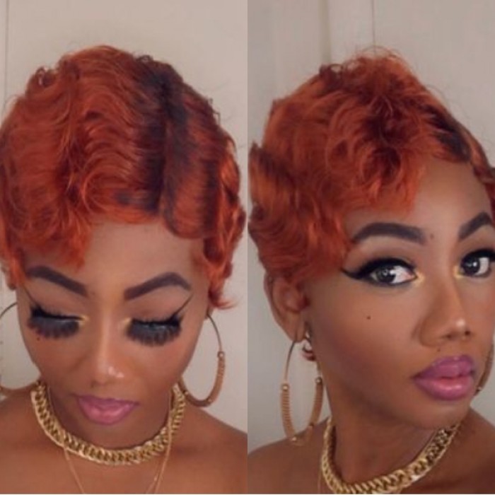 Kriyya Ginger Color Finger Wave Bob Wig Pixie Cut Classic Short Wig 150% Density