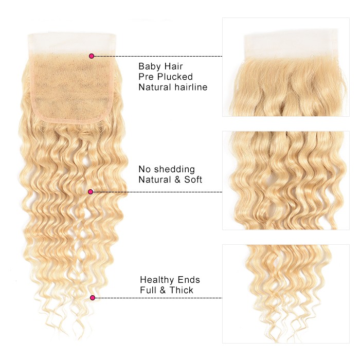 Kriyya Deep Wave Human Hair Lace Closure 613 Blonde 100% Virgin Human Hair 4x4 Lace Closure 10-18 Inch
