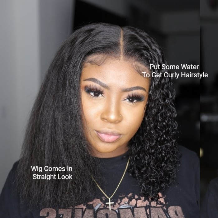 Kriyya Magic Wet and Wavy Jerry Curly V-Part Wigs Glueless Wig 2 in1 Dry Straight Wet Curly For Swimming