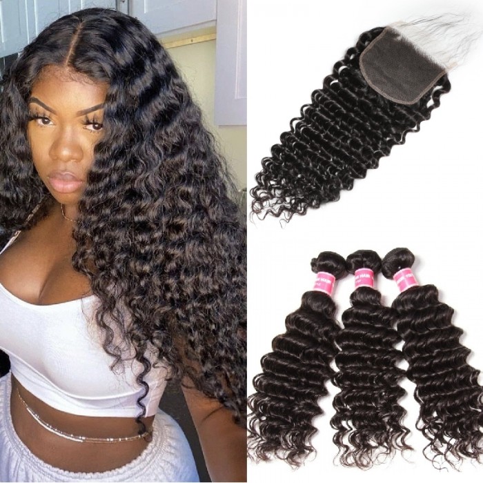 Kriyya Brazilian Deep Wave Hair Weave 3 Bundles With 5x5 HD Transparent  Lace Closure Invisible Knots Human Hair 14-20 Inch