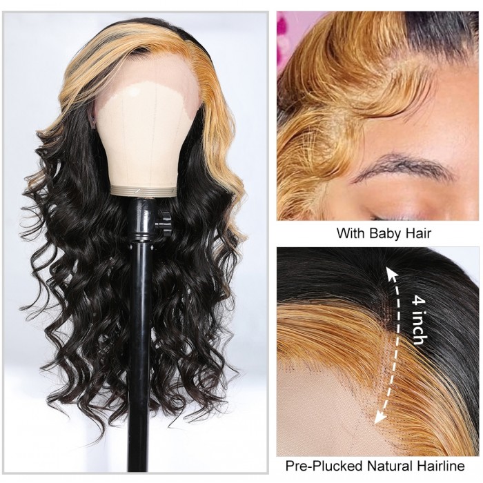 Kriyya Honey Blonde Skunk Stripe Highlight Loose Wave 13X4 Lace Front Wig 150% Density