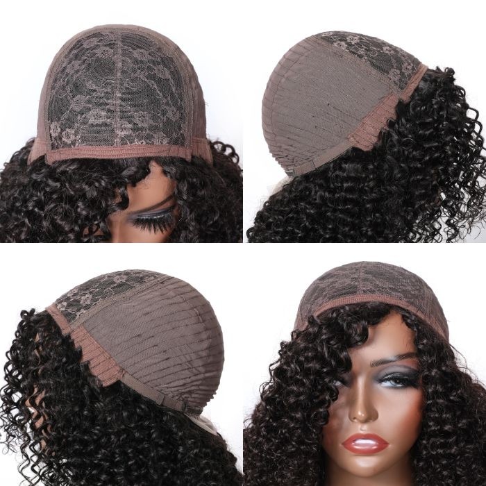 Kriyya Latin Passion Brazilian Virgin Human Hair Wig With Slanted Bangs Ebony Black Wig No Glue Needed
