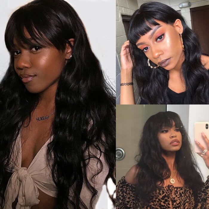 Kriyya Body Wave Human Hair Wigs With Bangs Capless Wig 150% Density Free Part Virgin Remy Wig