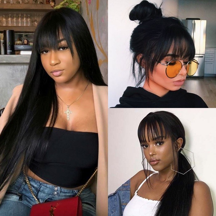 Kriyya 13x4 Transparent Lace Straight Human Hair Wigs With Bangs 130% 150% Density