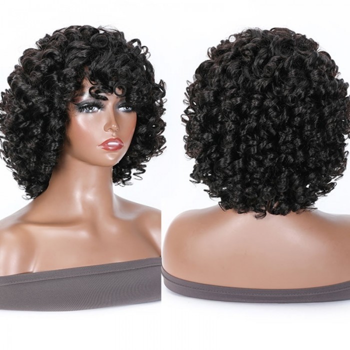 Kriyya Popular Style Bob Curly Wig With Bangs  Stylish Short Hair Thick Human Hair