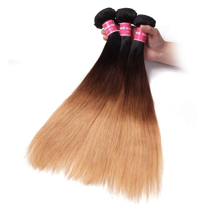 Kriyya Straight Hair 3 Pcs T1B/4/27 Ombre Brazilian Hair 100% Real Human Hair Weave
