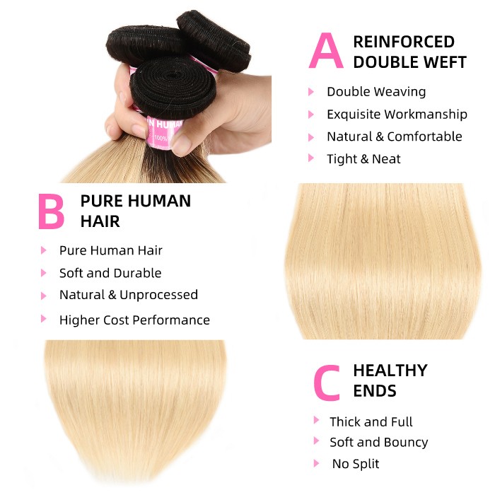 Kriyya 3 Bundles Brazilian Straight Hair T1B/613 Color 100 Human Hair Bundles