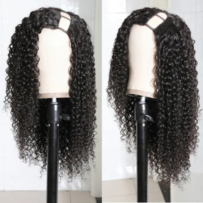 Kriyya Jerry Curly Brazilian U Part Wig Human Hair 2X4 Left Part Natural Black