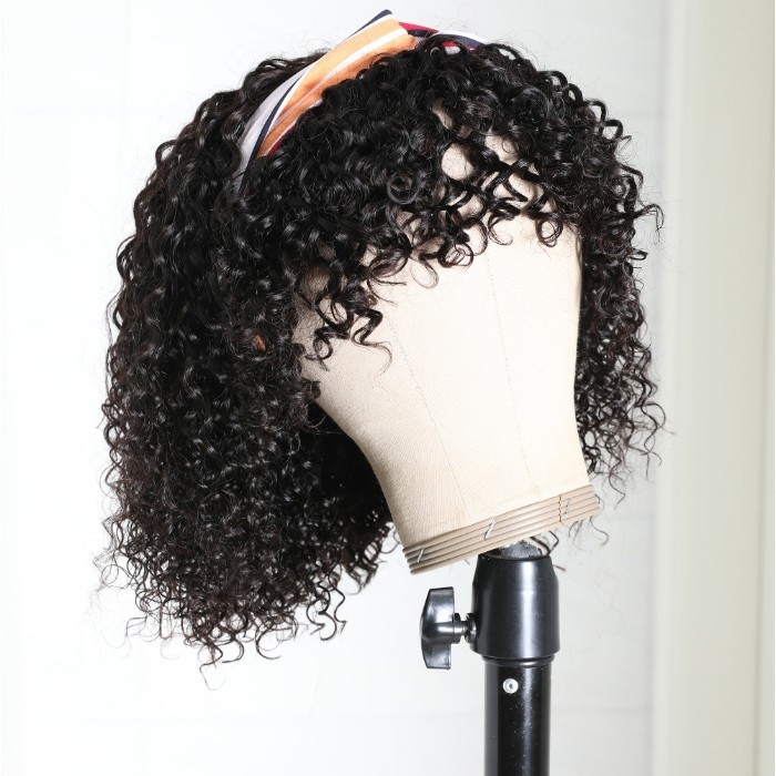 Kriyya Headband Wigs Jerry Curly Bob Wig With Removable Bangs Glueless Human Hair Wigs 150% Density