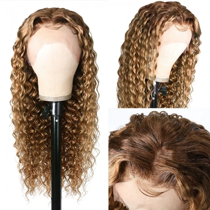 Kriyya Ombre Honey Blonde Deep Wave Human Hair Wig With Brown Root Pre Plucked Deep Wave 13x4 Lace Front Wig