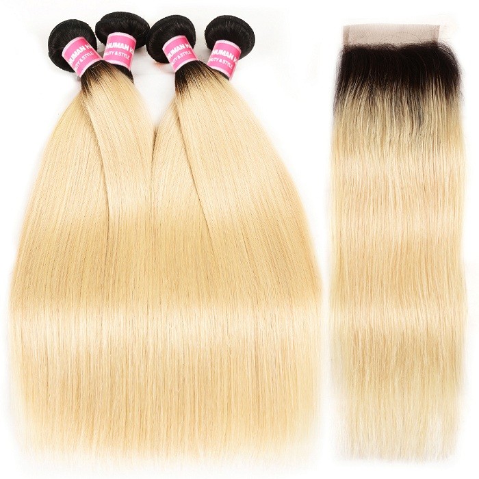Kriyya Indian Straight Virgin Human Hair T1B/613 Ombre Blonde 4 Bundles With 4x4 Lace Closure