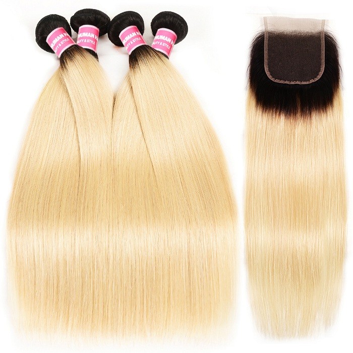 Kriyya Straight T1B/613 Ombre Blonde 4 Bundles With 4x4 Lace Closure Peruvian 100% Virgin Hair