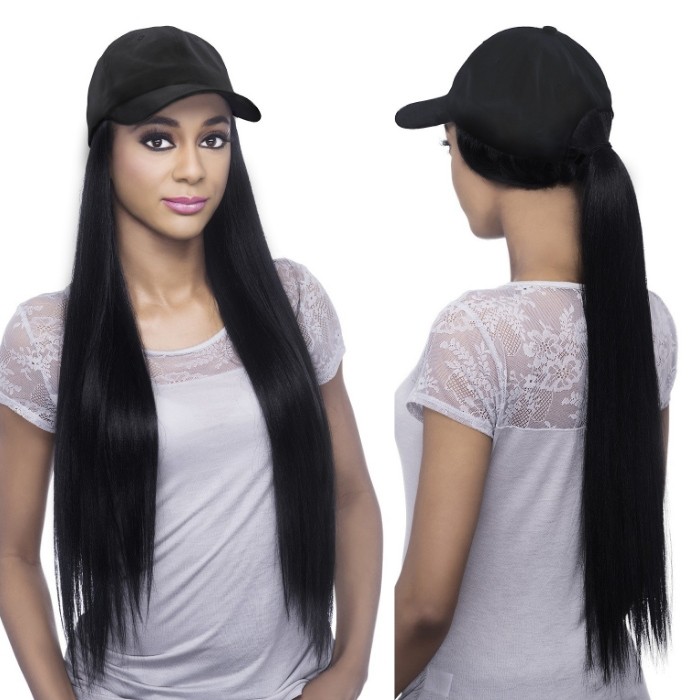 Kriyya Baseball Cap Wig With Hair Extensions Straight Human Hair Wig For Women 20 inch Natural Color