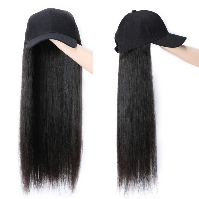 Kriyya Baseball Cap Wig With Hair Extensions Straight Human Hair Wig For Women 20 inch Natural Color