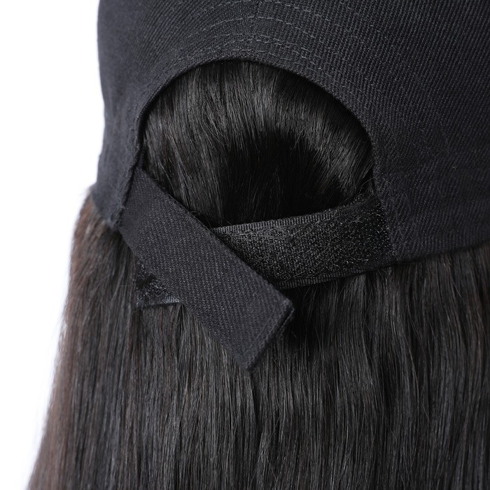 Kriyya Baseball Cap Wig With Hair Extensions Straight Human Hair Wig For Women 20 inch Natural Color