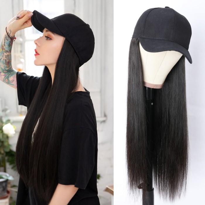 Kriyya Baseball Cap Wig With Hair Extensions Straight Human Hair Wig For Women 20 inch Natural Color