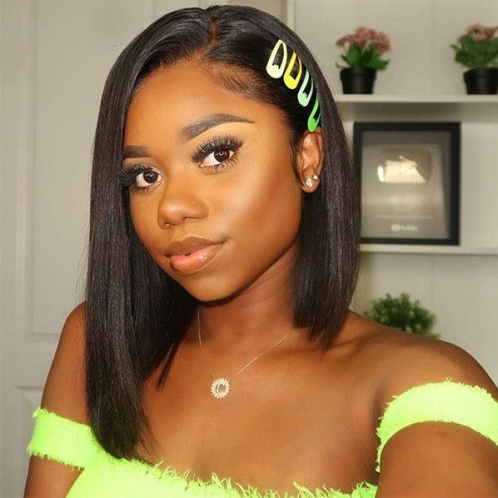 Kriyya Katy Perry Inspired Soft Blunt Bob Straight Wig Make Hair Look Thicker 13x5 Middle T-Part Lace