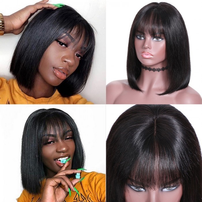 Kriyya Straight Short Bob Lace Front Wig With Bangs 150% Density 13x4 Pre Plucked Human Hair Wig