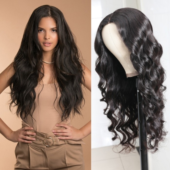Kriyya Fake Scalp Wigs Body Wave PU Wigs 4.5*1.5 Middle Part Human Hair Wigs