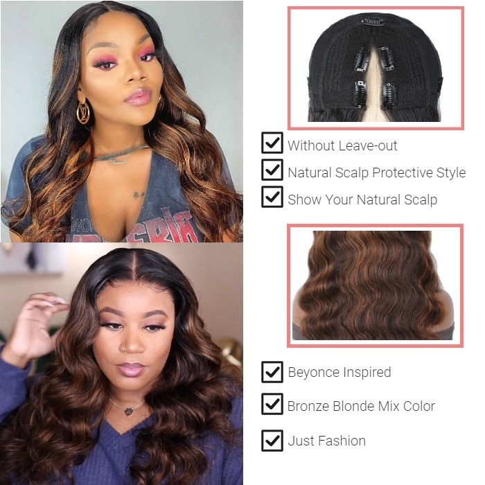 Kriyya V Part Body Wave Balayage #FB30  Bronde Highlight Upgrade U Part Wig No Leave Out Human Hair Wig