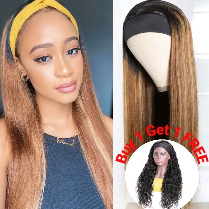 Bogo Sale- 18 inch Ombre Headband Wigs Straight Human Hair Wig With 16 Inch Water Wave Headband Wig