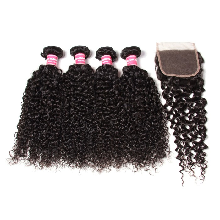 Kriyya Peruvian Hair Jerry Curly 4 Bundles With 4X4 Lace Closure 