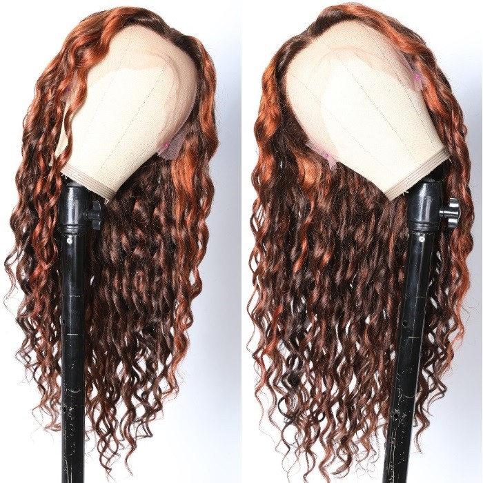 Kriyya New Fashion 13X4 Sprial Wave Copper Red Highlight On Brown Hair Colored Wig 150% Density