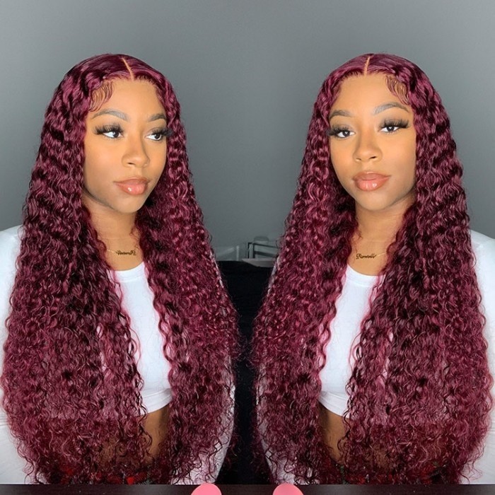 Flash Sale Hand-tied Lace Wigs Burgundy Human Hair Curly Lace Part Wig 150% Density
