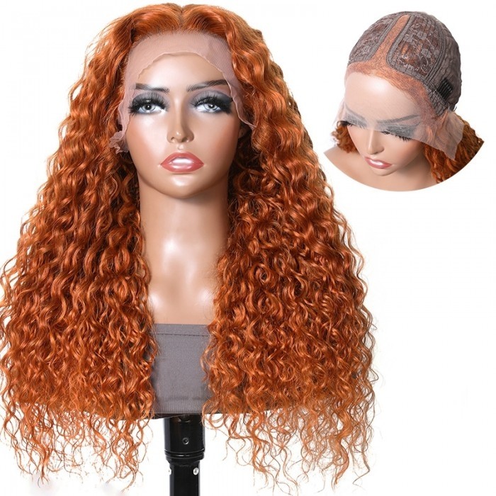 Kriyya Burnt Orange Hair Wet and Wavy Water Wave Human Hair Colored Wig 13x5 T-Part Middle Part Lace Front Wig