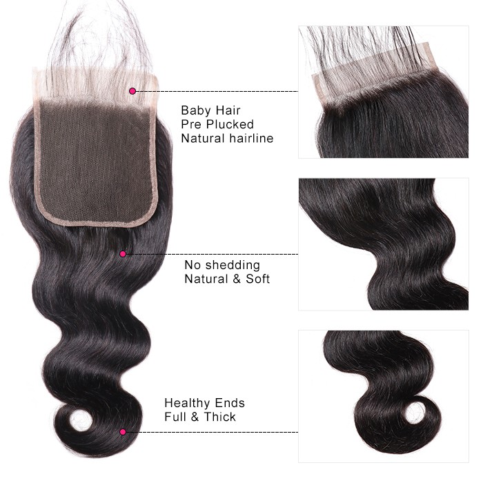 Kriyya Body Wave 100% Virgin Hair Peruvian 3 Bundles With 4*4 Lace Closure
