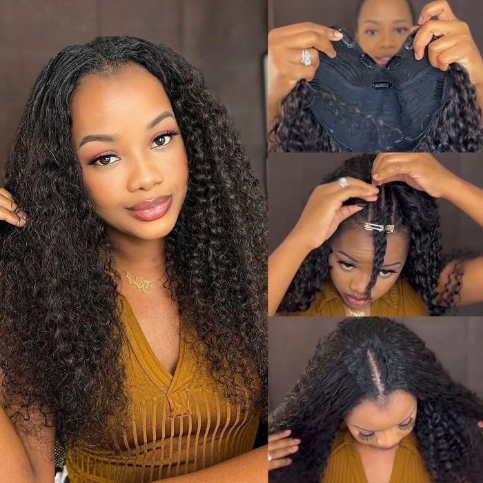 Kriyya Magic Wet and Wavy Jerry Curly V-Part Wigs Glueless Wig 2 in1 Dry Straight Wet Curly For Swimming