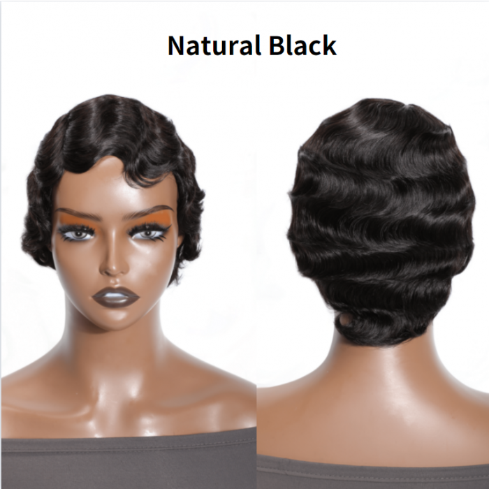 Kriyya Finger Waves Short Pixie Cut Wig Ocean Wave Human Hair Machine Made Wigs