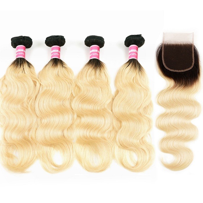 Kriyya Indian Hair T1B/613 Ombre Body Wave 4 Bundles With Lace Closure 4x4 Inch