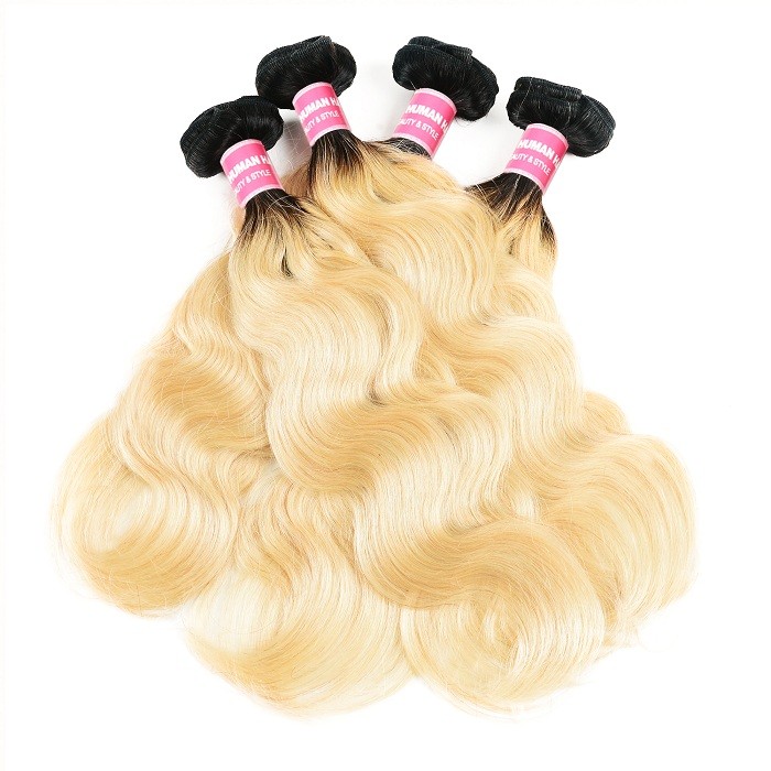 Kriyya Indian Hair T1B/613 Ombre Body Wave 4 Bundles With Lace Closure 4x4 Inch