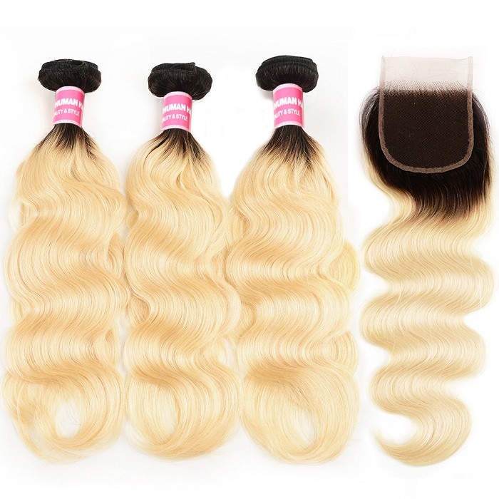 Kriyya Indian Body Wave 3 Bundles With 4x4 Lace Closure T1B/613 Ombre Indian Virgin Hair