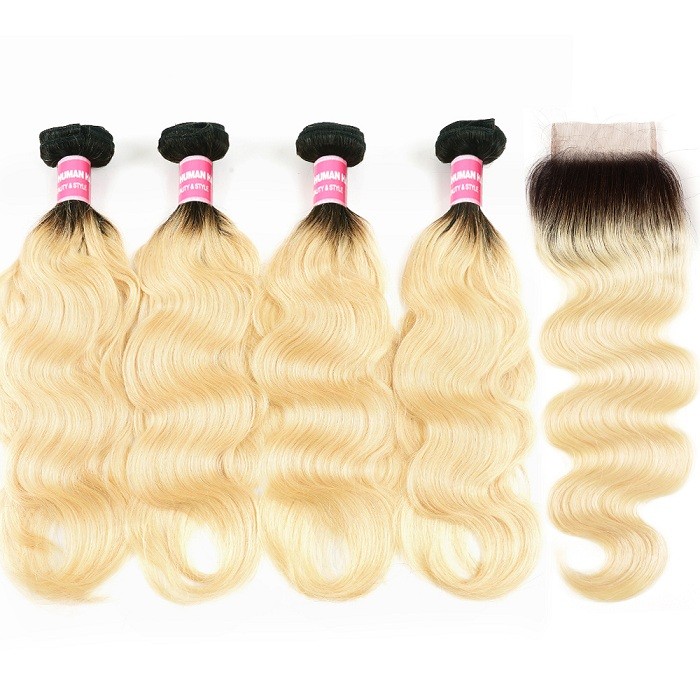 Kriyya Body Wave Remy Human Hair T1B/613 Ombre 4 Bundles With Lace Closure 4x4 Inch Peruvian Hair